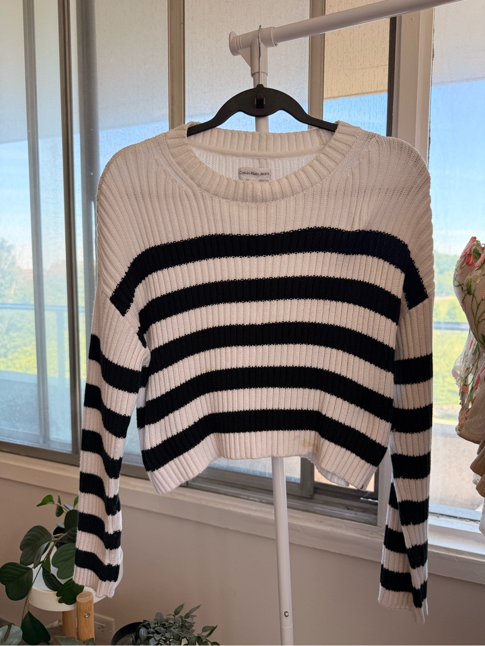 Calvin Klein Striped Black and White Ribbed Crewneck Sweater